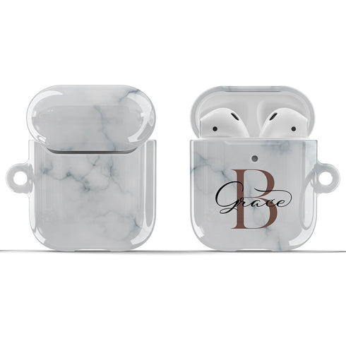 Monogram Personalized White Marble AirPods Case